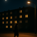 夜の住宅街で街灯の下を歩く人物と、明かりの灯る集合住宅の外観