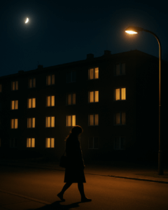 夜の住宅街で街灯の下を歩く人物と、明かりの灯る集合住宅の外観