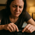 スーツケースのダイヤルロックが開かず、無理に操作しようとしている様子