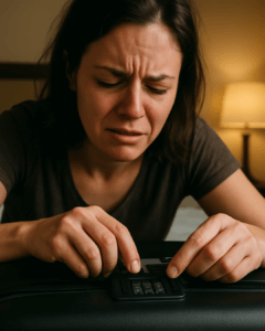 スーツケースのダイヤルロックが開かず、無理に操作しようとしている様子