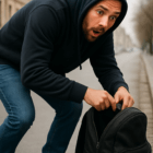 外出先でバッグの中を必死に探し、鍵が見つからず焦る男性の様子。