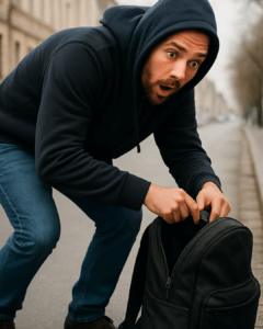 外出先でバッグの中を必死に探し、鍵が見つからず焦る男性の様子。