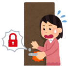 夜中に賃貸の玄関鍵が壊れ、家に入れず困っている状況を表したイラスト。突然の鍵トラブルと焦りや不安を象徴しています。