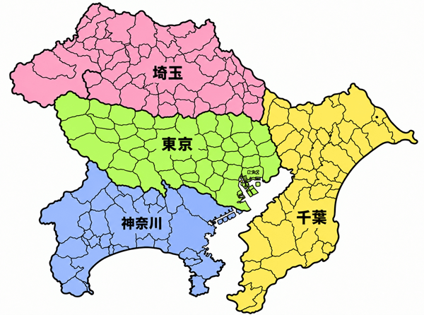 対応エリアの地図（東京都・神奈川県・埼玉県・千葉県の1都3県）